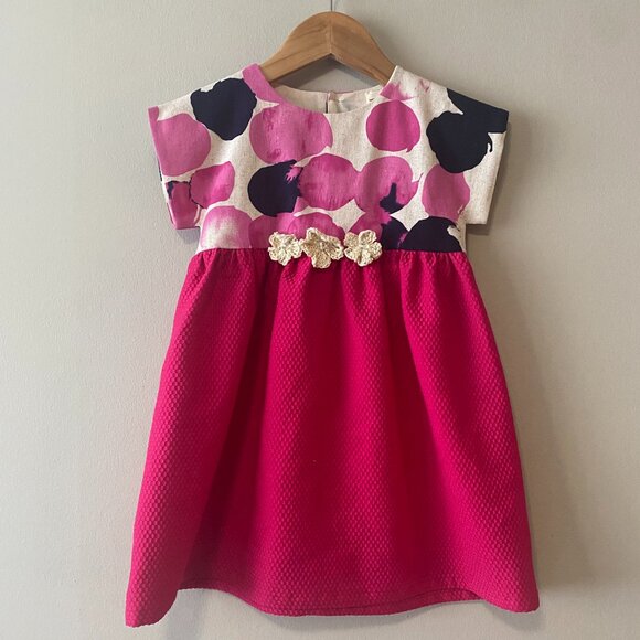 Handmade Children's Linen Cotton Pique Pink Polka Dot Crochet Flowers Dress - Picture 1 of 13